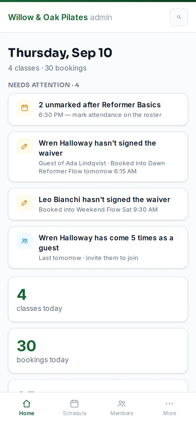 The same admin Home on a phone, with the queue stacked above a bottom navigation dock.