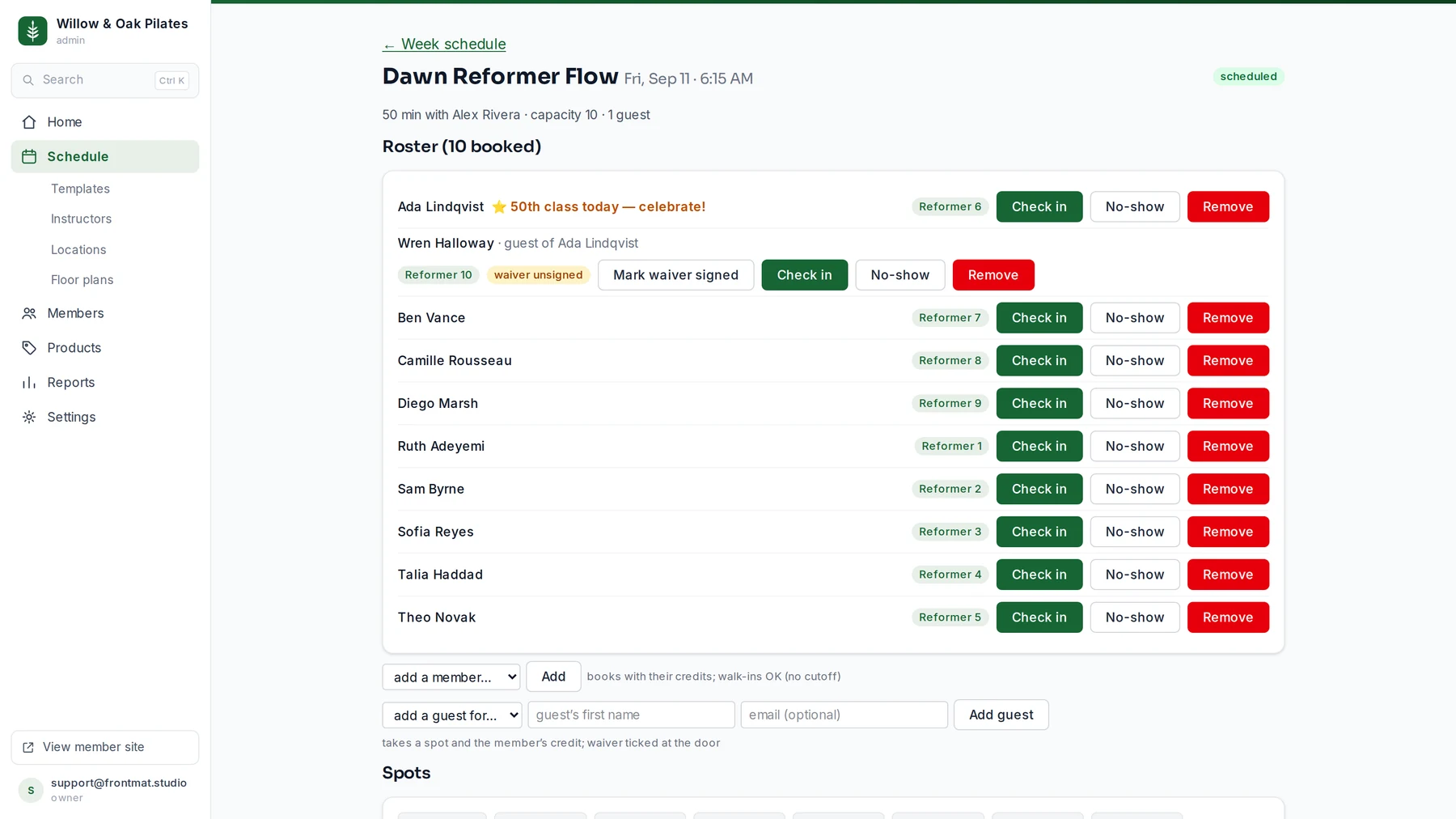 A class roster of ten members, each on a named reformer, with Check in, No-show, Remove and move-to controls. One row is a guest brought by a member, showing an unsigned waiver and a Mark waiver signed button. Below, pickers to add a member or add a guest for a member.