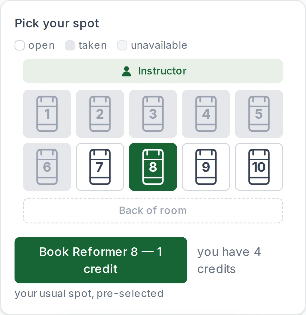 Pick your spot on a class page: a map of the room with the instructor at the front and ten reformers, open, taken or unavailable.