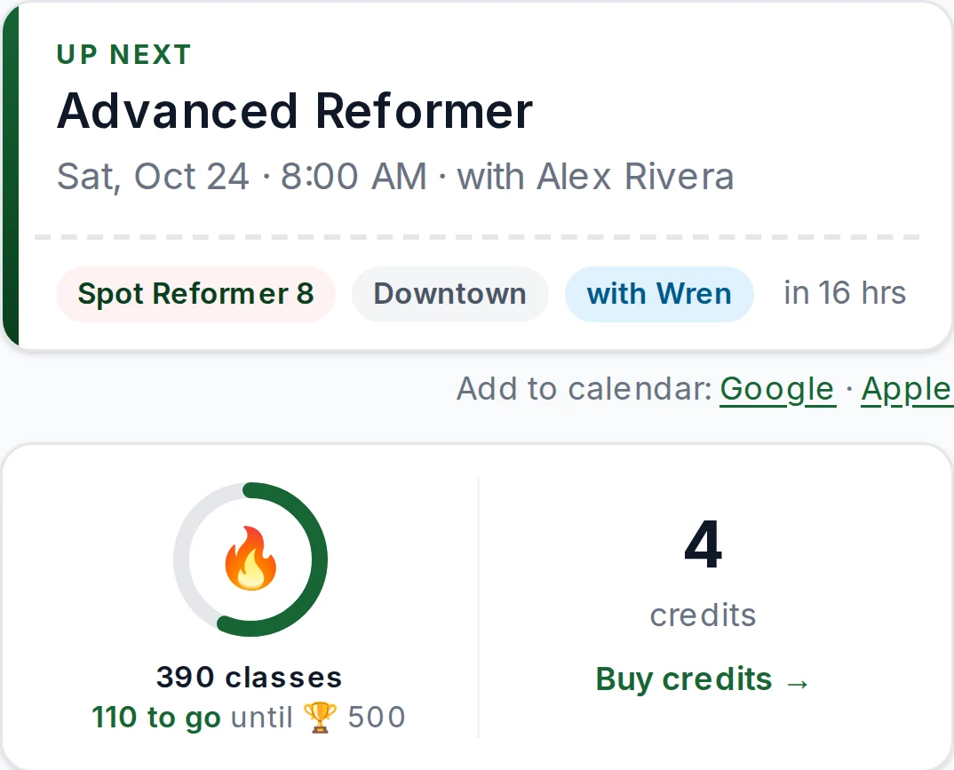 The member's Home: Up next, Advanced Reformer on Saturday with the reformer, the location and the friend they are bringing; then 390 classes, 110 to go to the next milestone, and 4 credits.