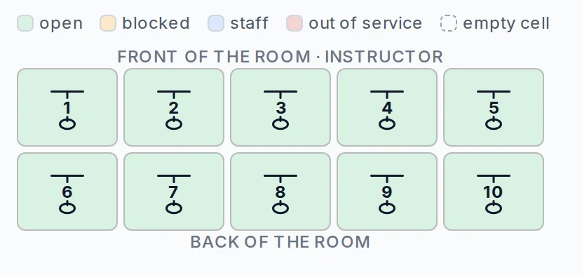 The floor plan editor with every spot set to a bike: ten bikes in two rows, numbered from the front of the room.