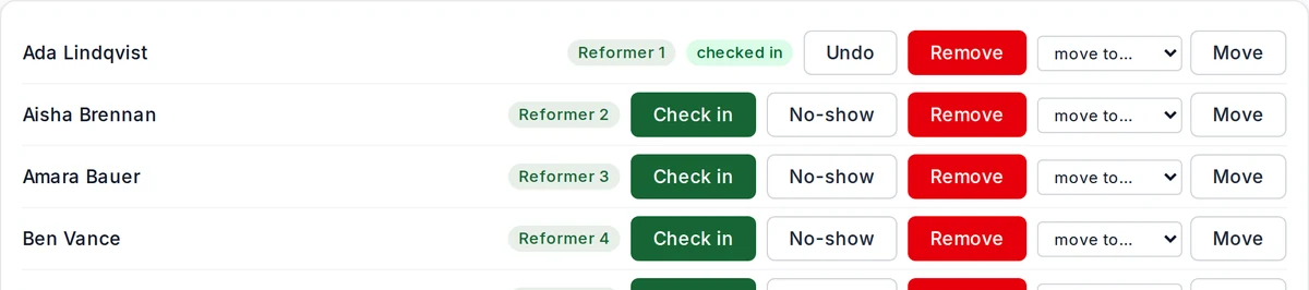 A class roster: six members each on a named reformer, one checked in, with Check in, No-show, Remove and move-to controls on every row.