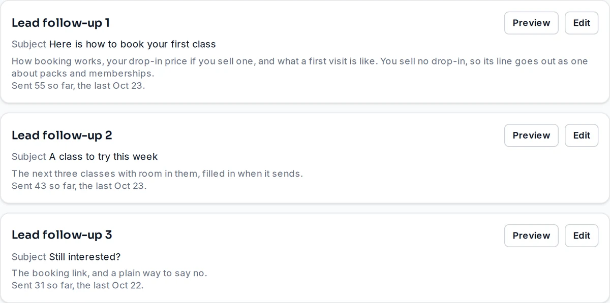 The three lead follow-up emails in Settings › Messages: their subjects, what each says, how many have gone, and Preview and Edit buttons.
