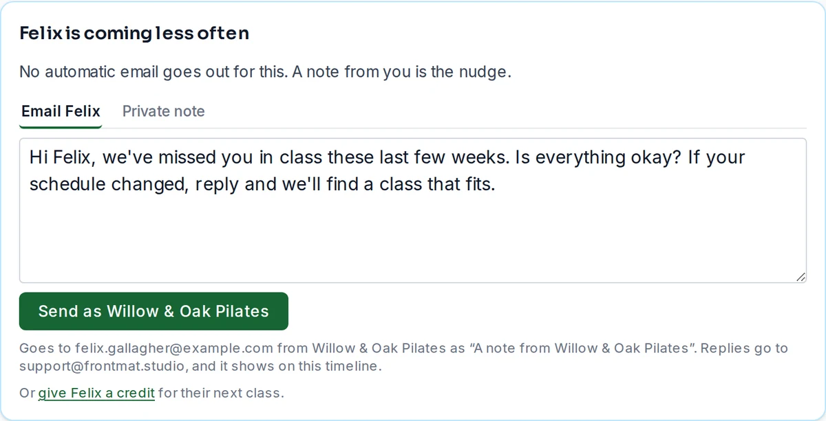 The box on a member's page: Felix is coming less often, with an email drafted to him and a Send as the studio button.