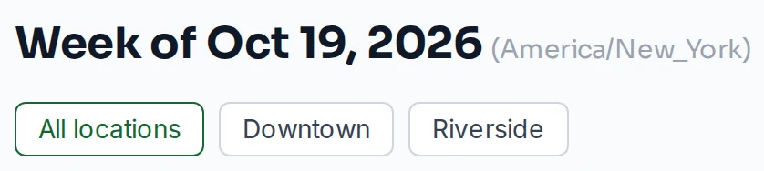 The schedule header: Week of Oct 19, 2026, with All locations, Downtown and Riverside filters.
