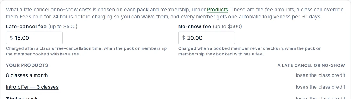 Settings › Policies: the late-cancel and no-show fee amounts, and the list of what each product charges.