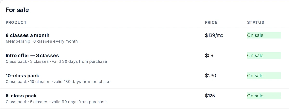 The For sale list: two memberships, an intro offer and two class packs, each with its price and On sale status.