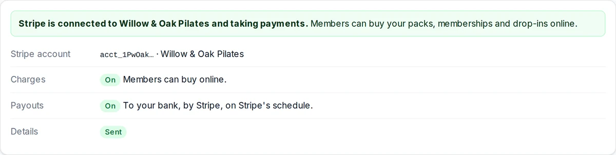 Settings › Payments once Stripe is connected: the account, charges on, payouts on to your bank, details sent.