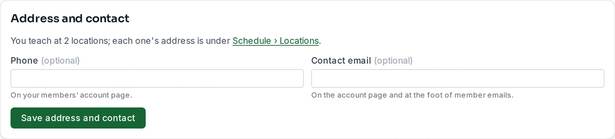 Settings › Studio: the address and contact details members see.
