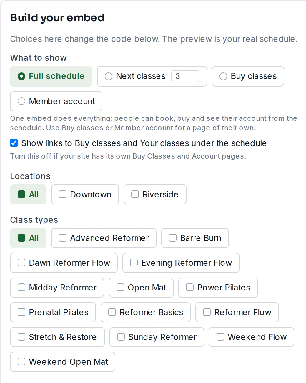 Build your embed: what to show (the full schedule, next classes, the store or the member account), locations, class types and instructors to filter to.