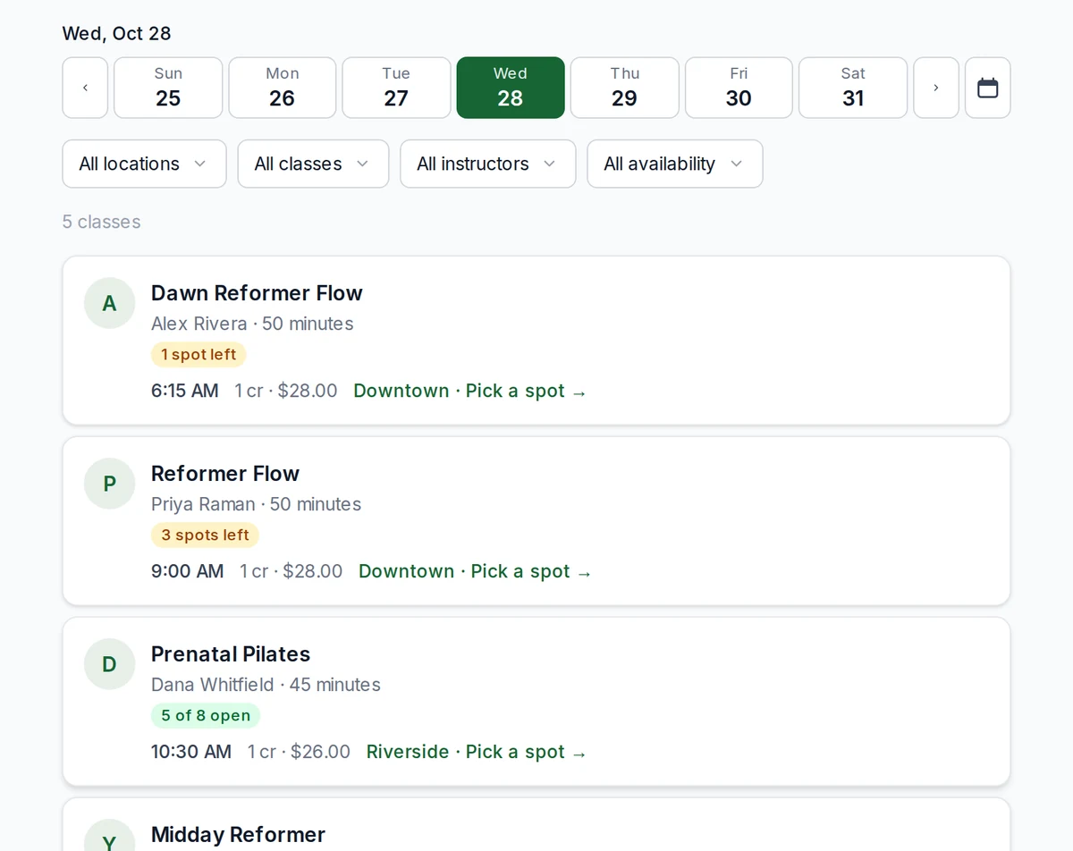 The embedded schedule on the demo studio's own website: a week of day buttons, filters, and five classes with spots left and Pick a spot links.