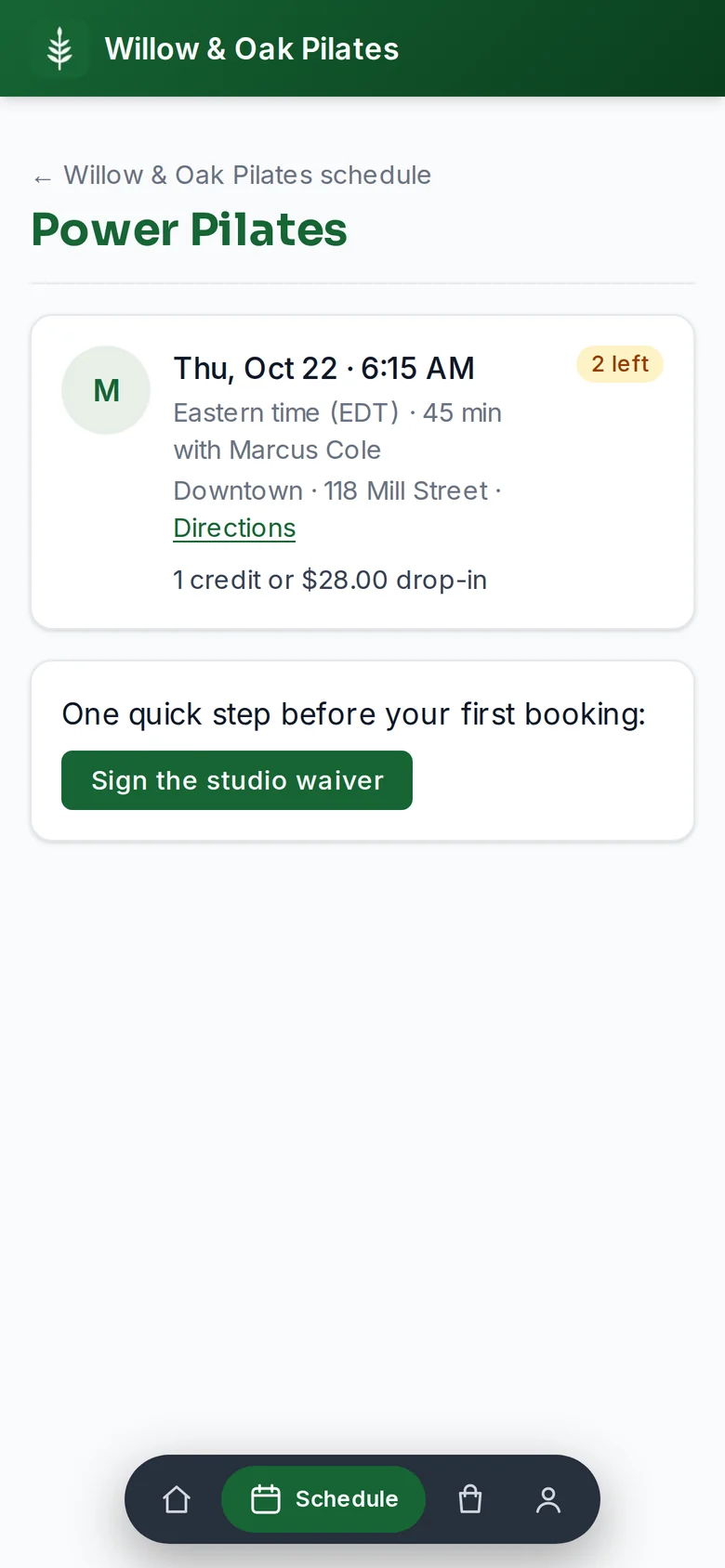 A class in the member app, with the price line and the waiver step before a first booking