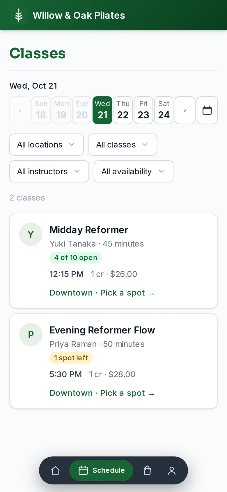 The member app on a phone: the schedule by day, filters, and class cards with the price and spots open
