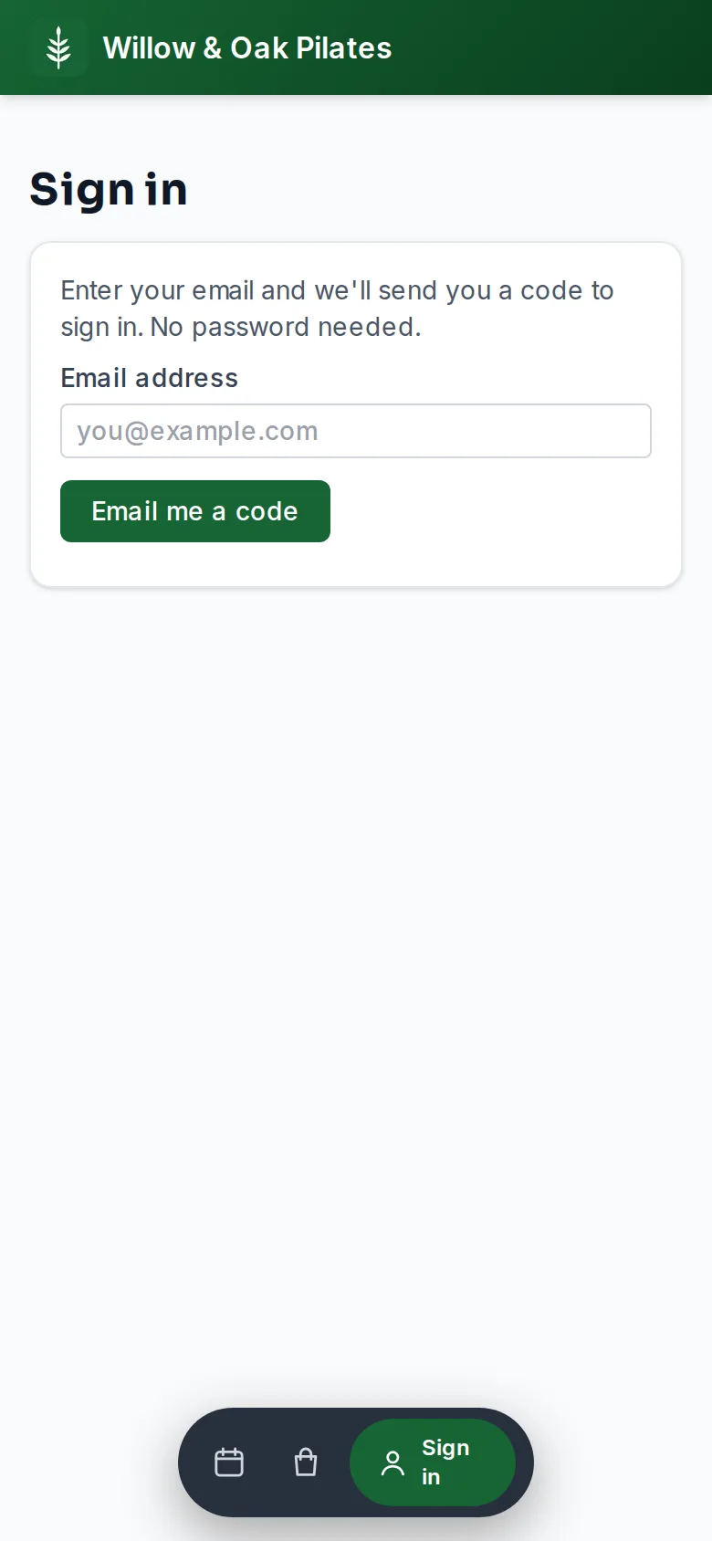 The sign-in page on a studio's address: one email field and the button Email me a code