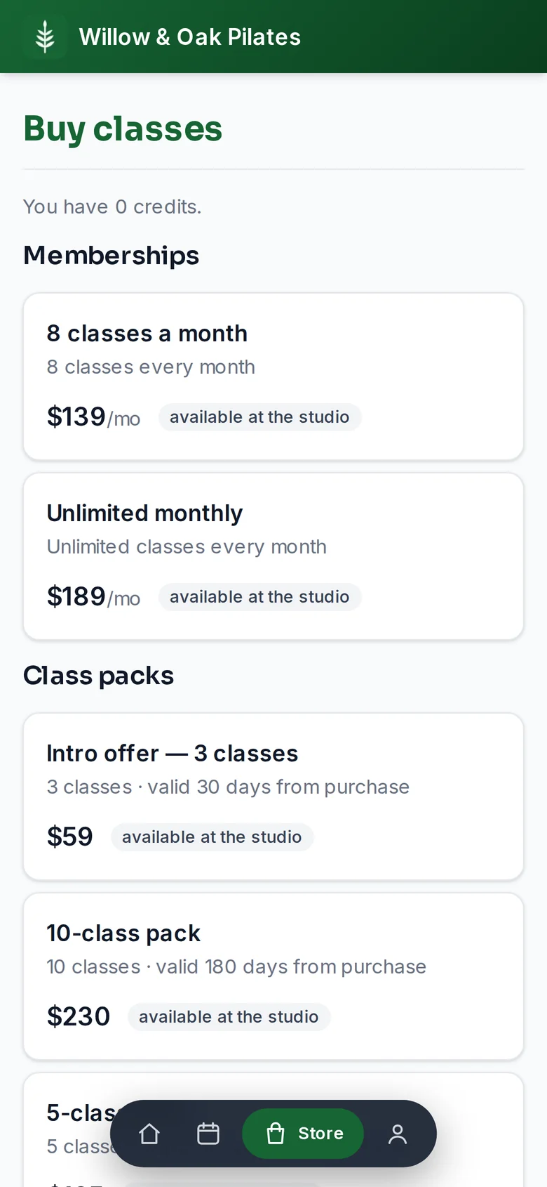 The store in the member app: memberships with a monthly price, class packs with their validity, and a drop-in