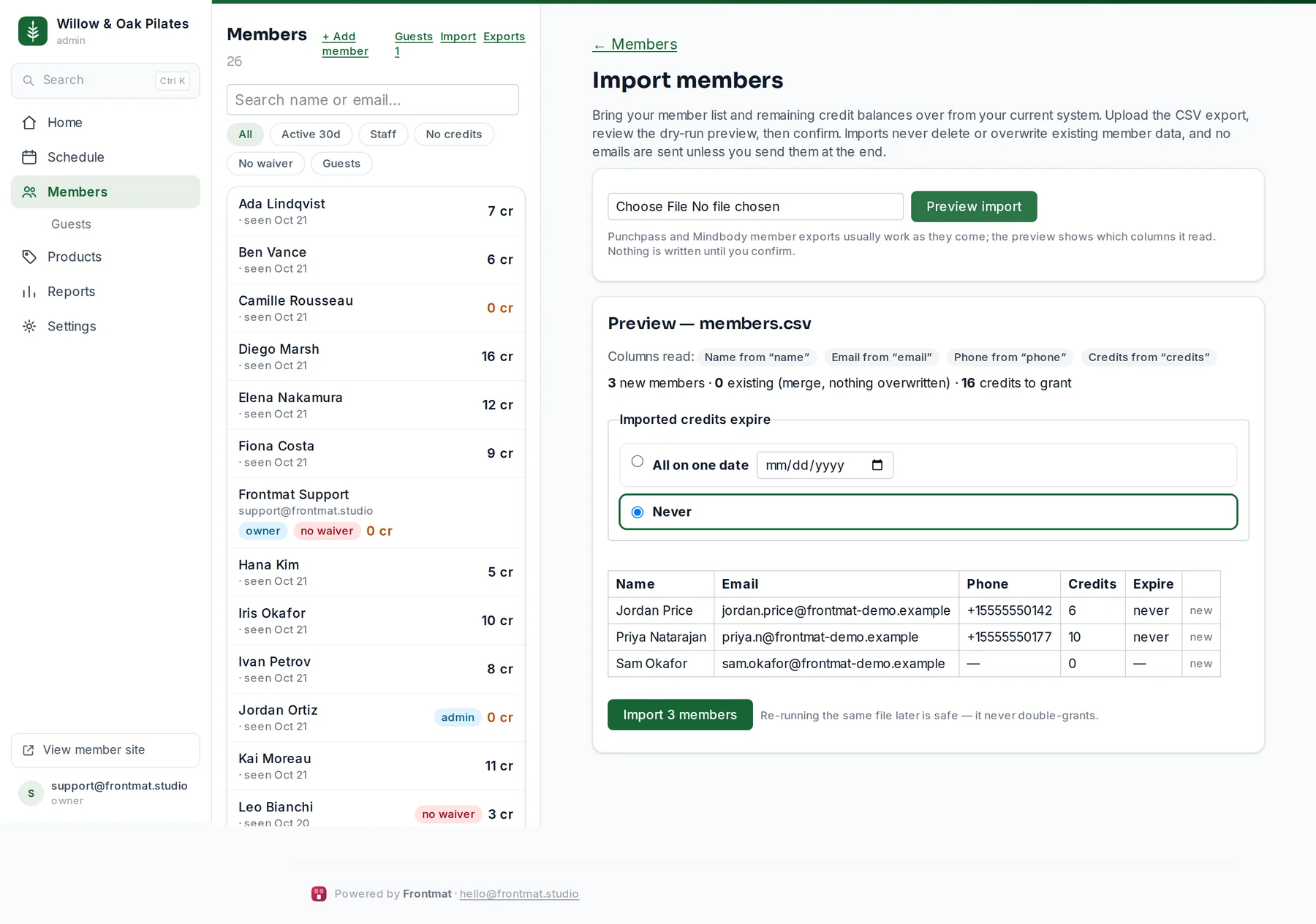 The import preview: which columns were read, the counts, and the per-person table with credits and expiry