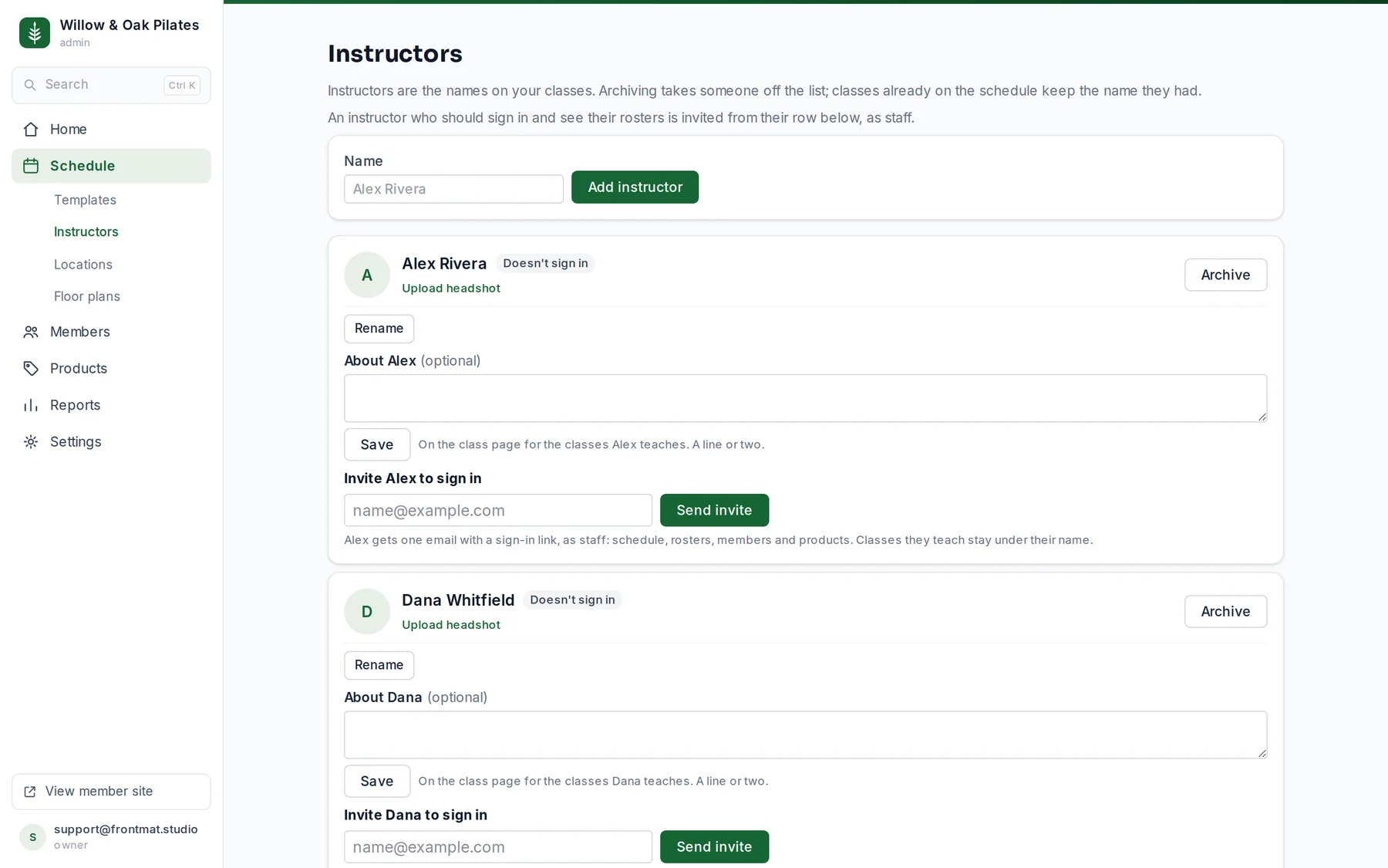 The Instructors page: each instructor with a headshot, a sign-in badge, and Rename, bio and Archive controls