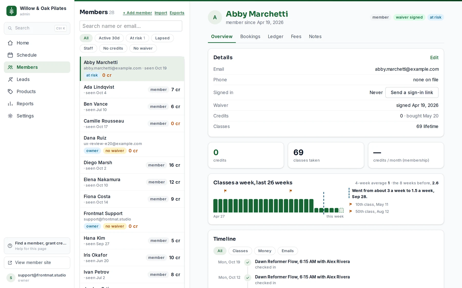 The Members page: the list with search and filter chips, and a member's record beside it