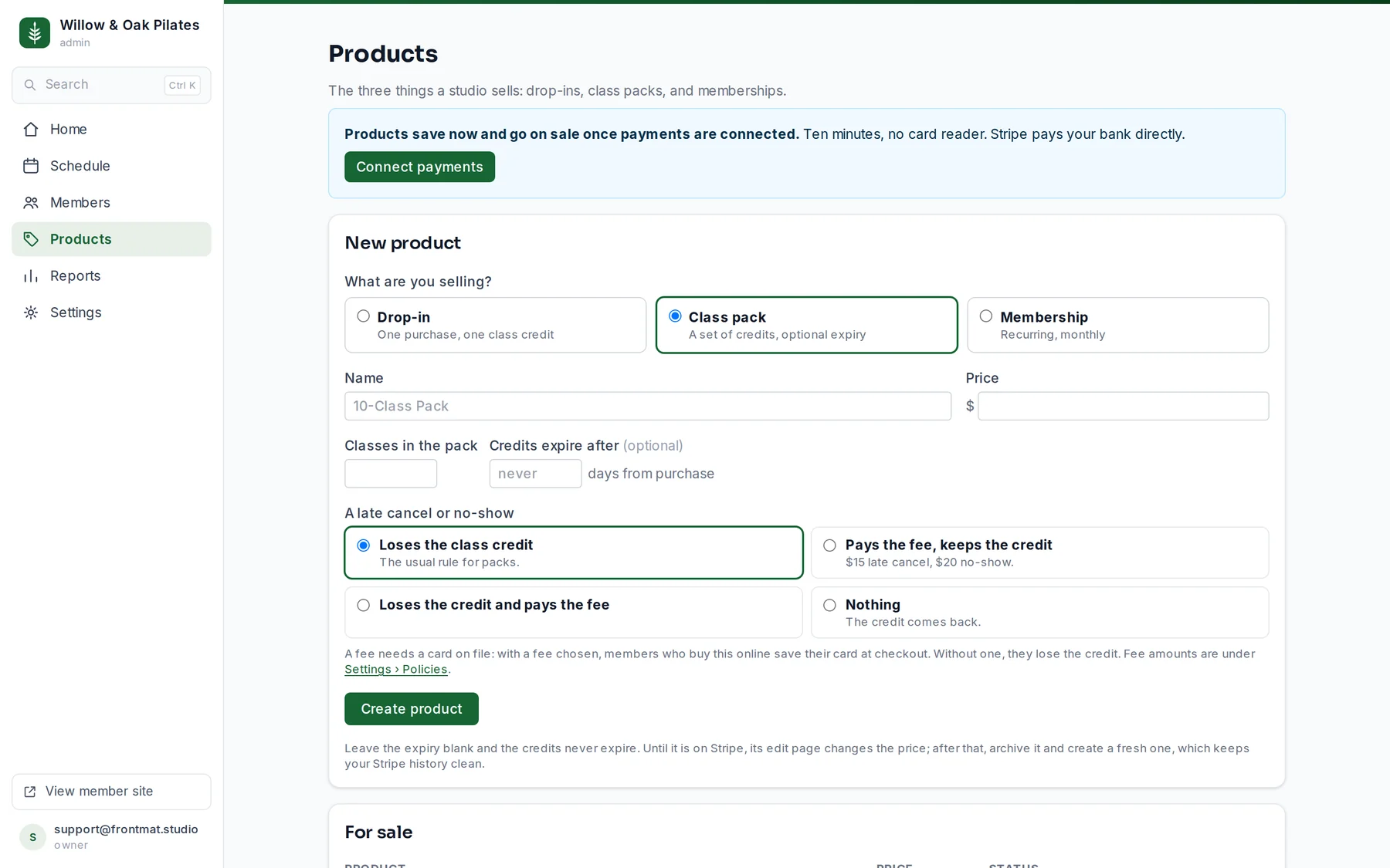 The Products page: the New product form above the For sale table