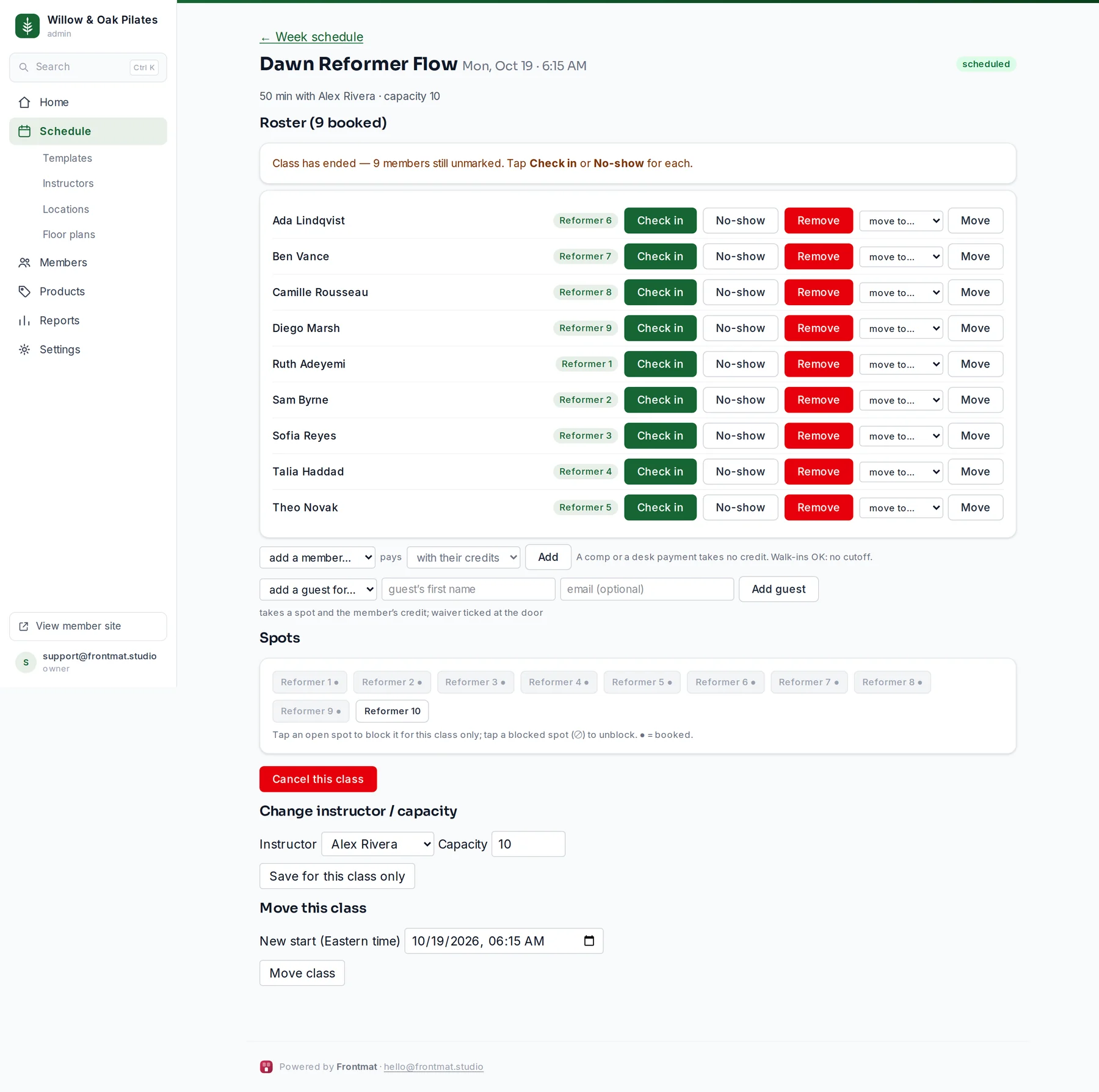 A class page: the roster with Check in and No-show buttons, the add-a-member form, guests and spots
