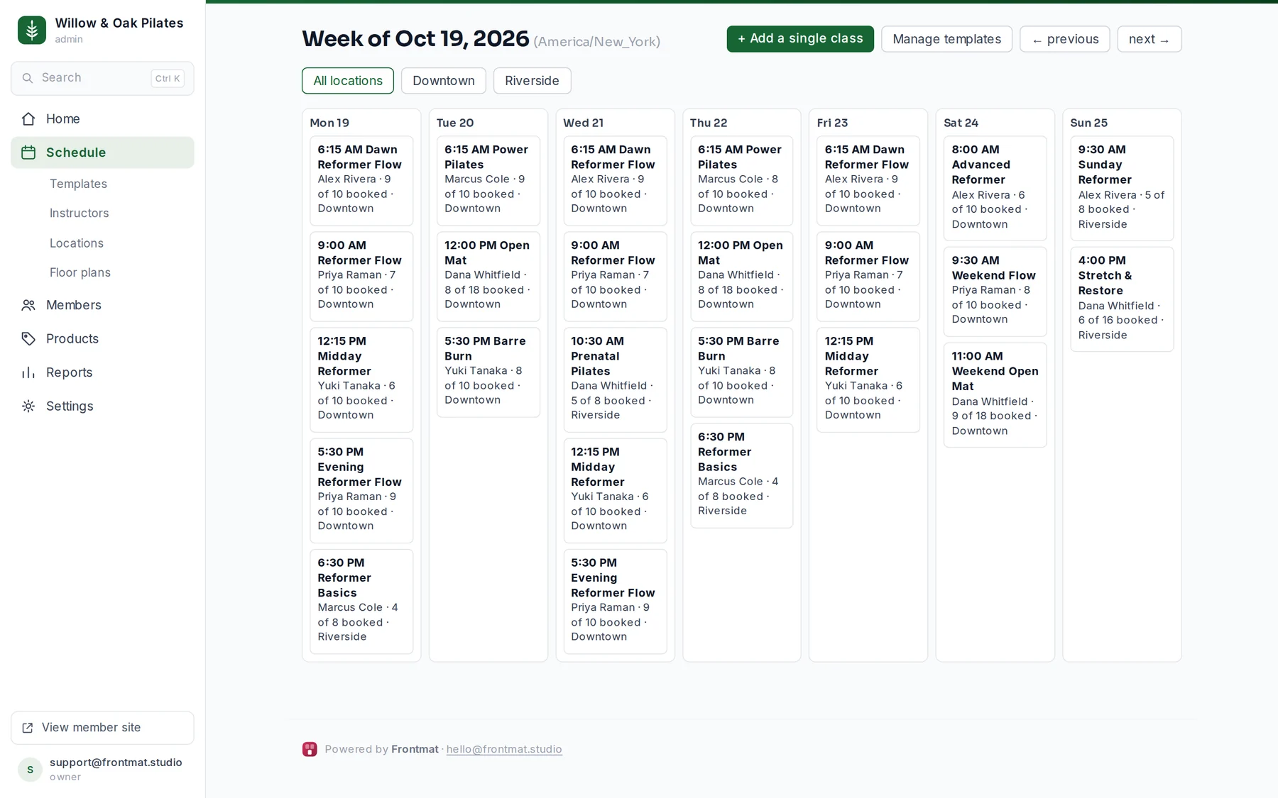 The week schedule: seven day columns of classes, each a link to its roster