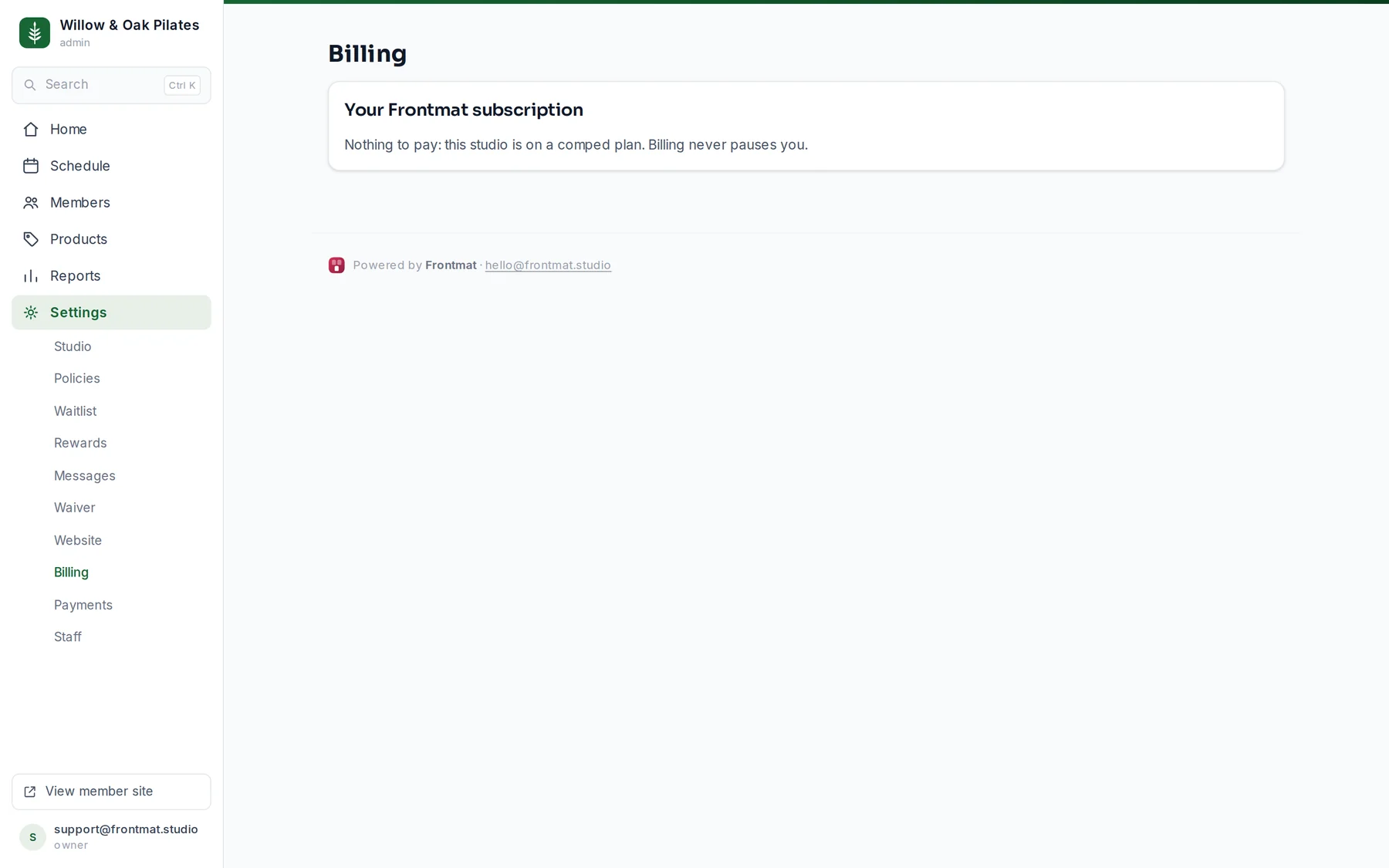 Settings › Billing: the subscription card with the one-sentence billing summary and its button