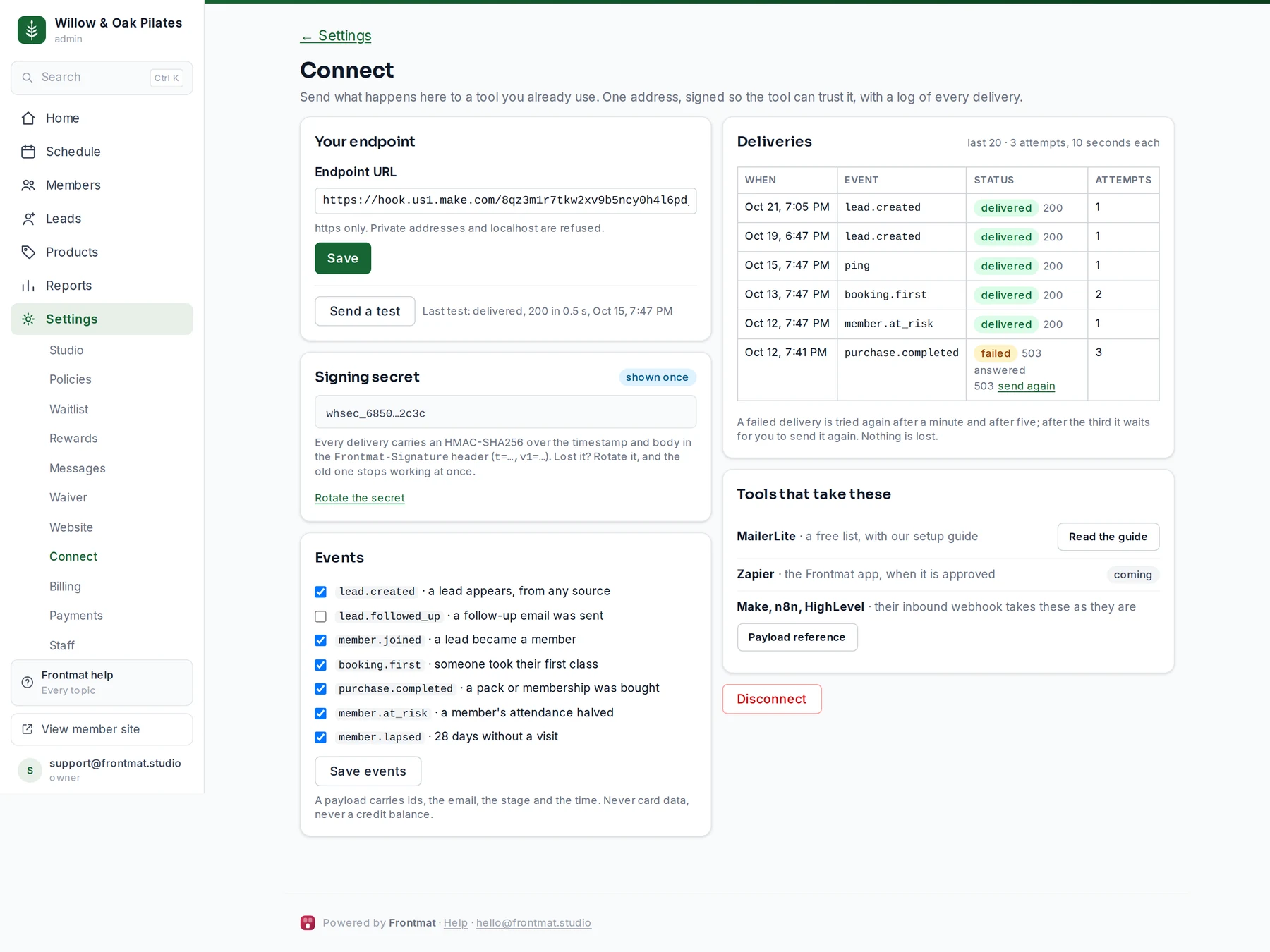 Settings › Connect: the endpoint, the signing secret, the events, and the deliveries