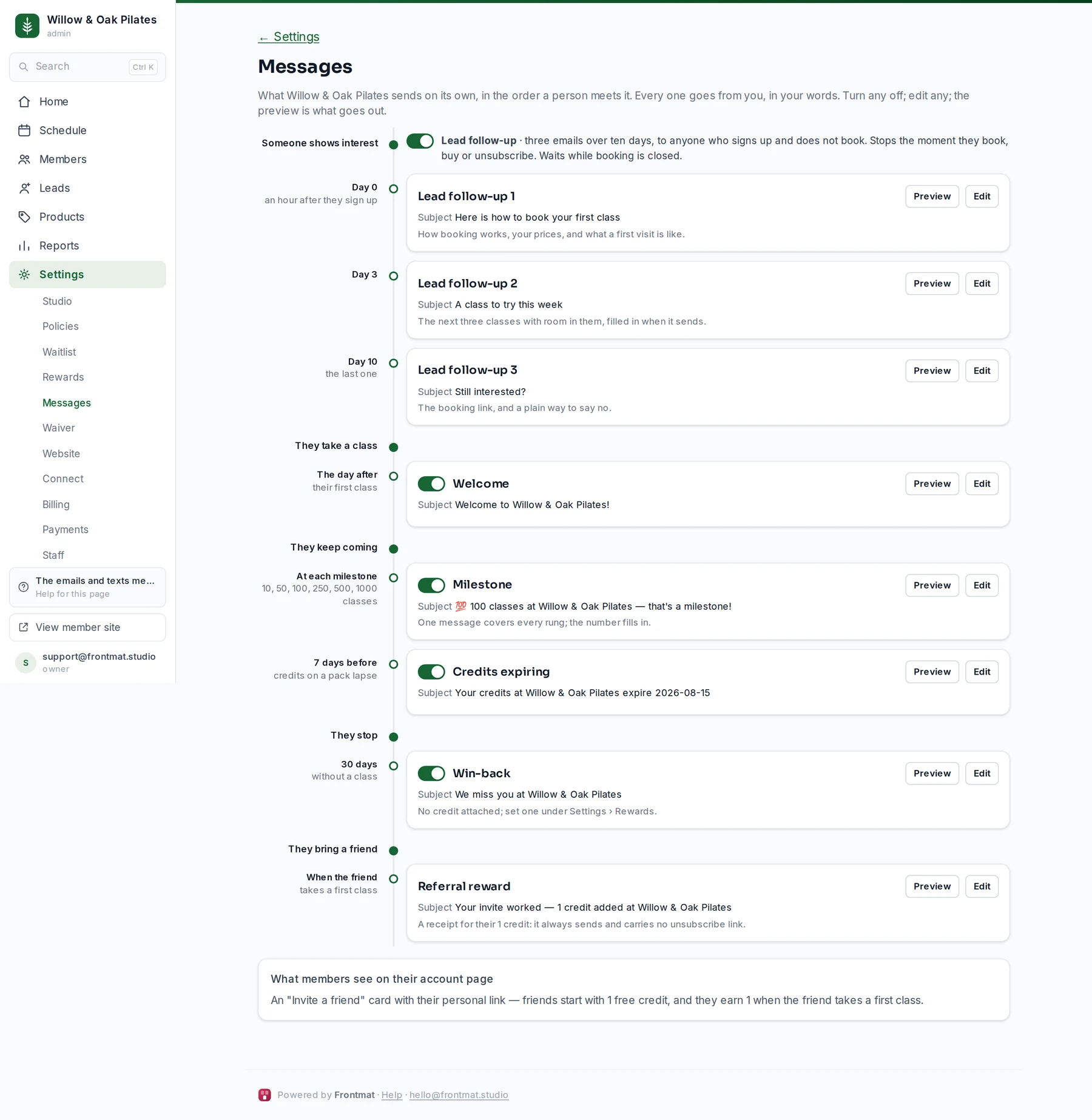 Settings › Messages as a timeline: the three lead emails first, then welcome, milestone, credits expiring, win-back and the referral reward