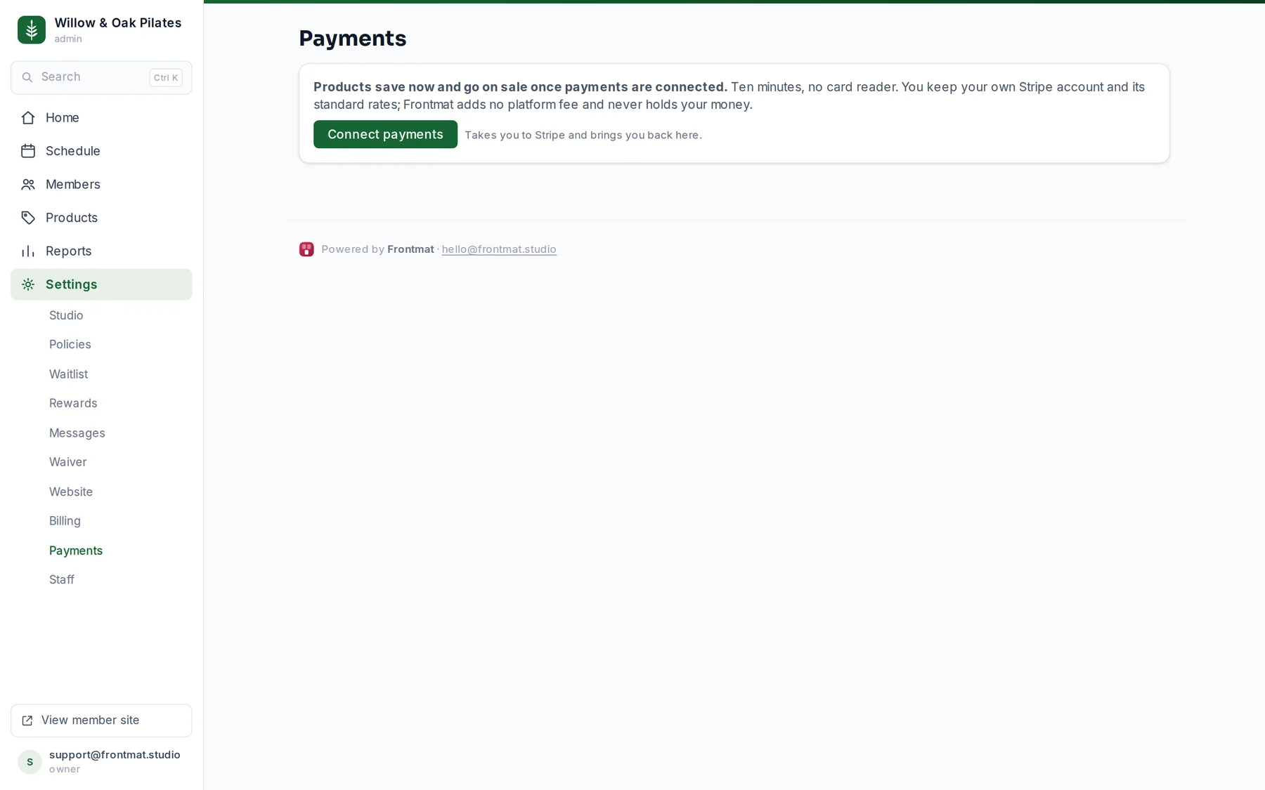 Settings › Payments before connecting: what connecting does, and the Connect payments button