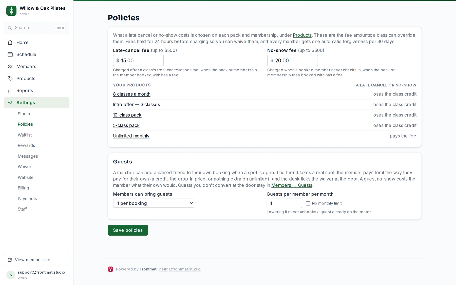 Settings › Policies: the two fee amounts, the list of products with what each one costs, and the guests card