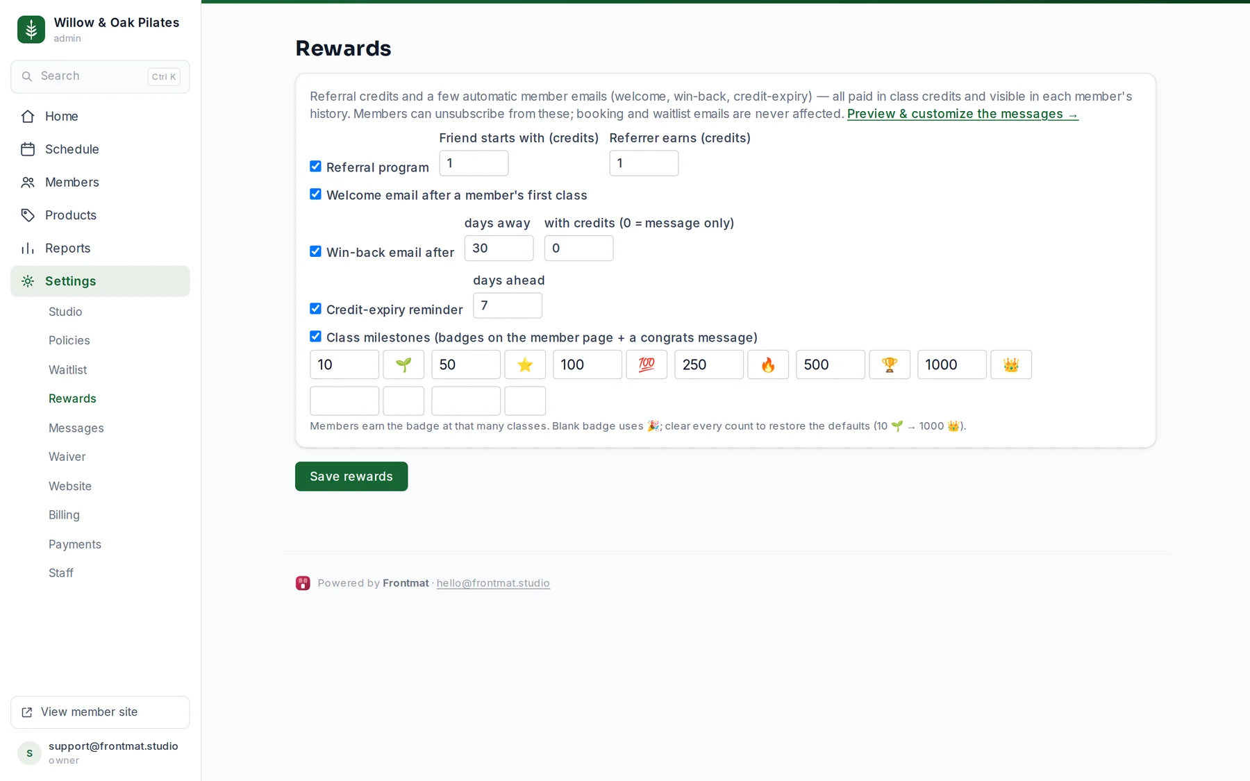 Settings › Rewards: the referral program, welcome, win-back, credit-expiry and milestone settings