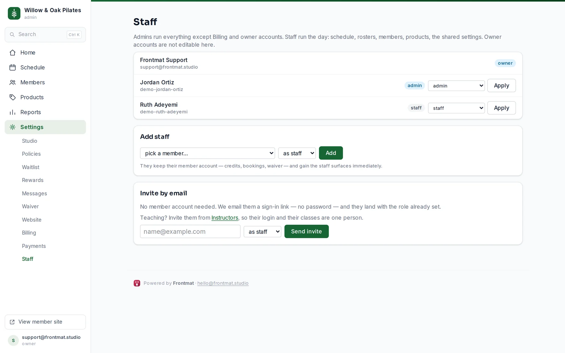 Settings › Staff: the roster of owners, admins and staff, then Add staff and Invite by email