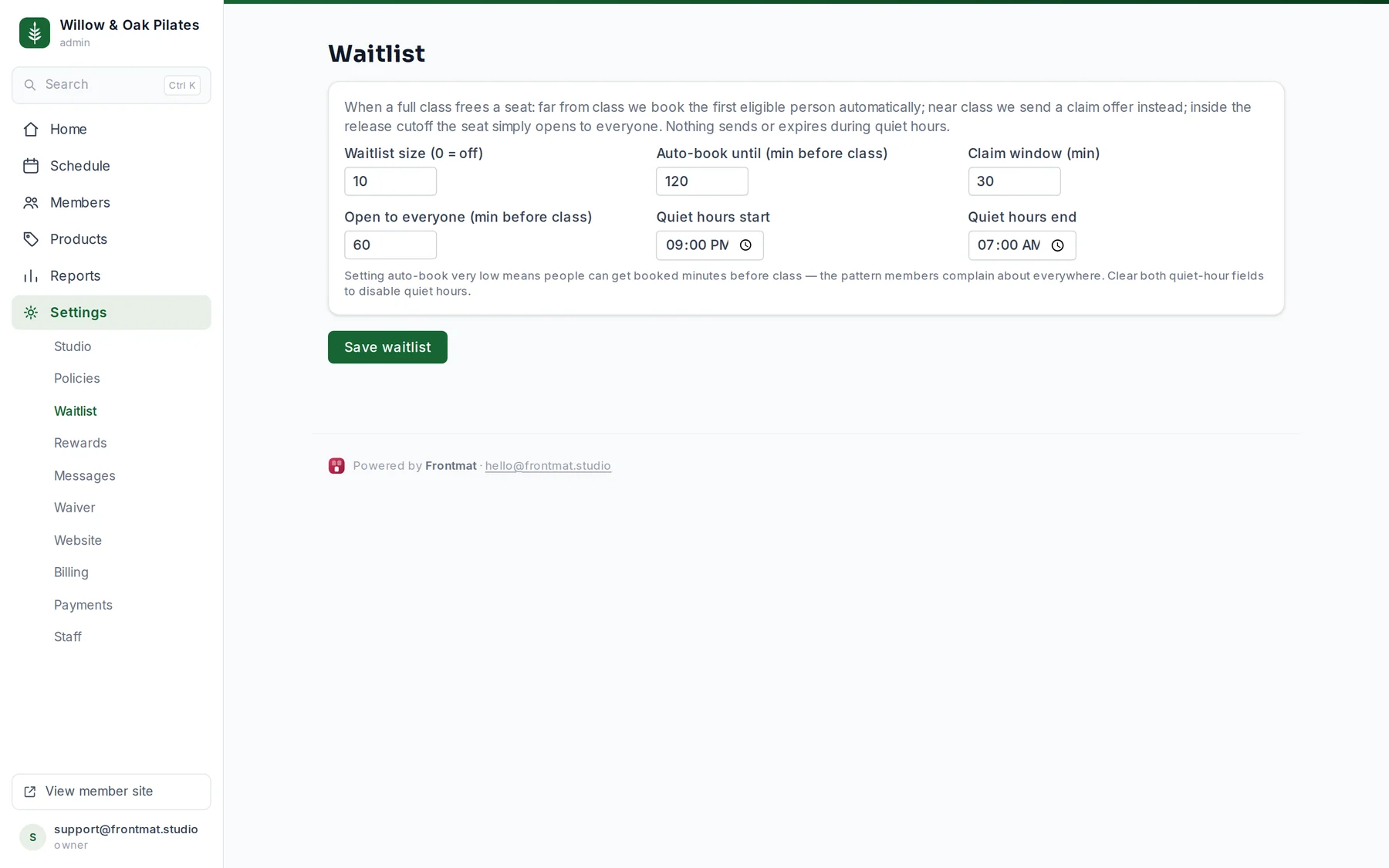Settings › Waitlist: waitlist size, auto-book until, claim window, open to everyone, quiet hours