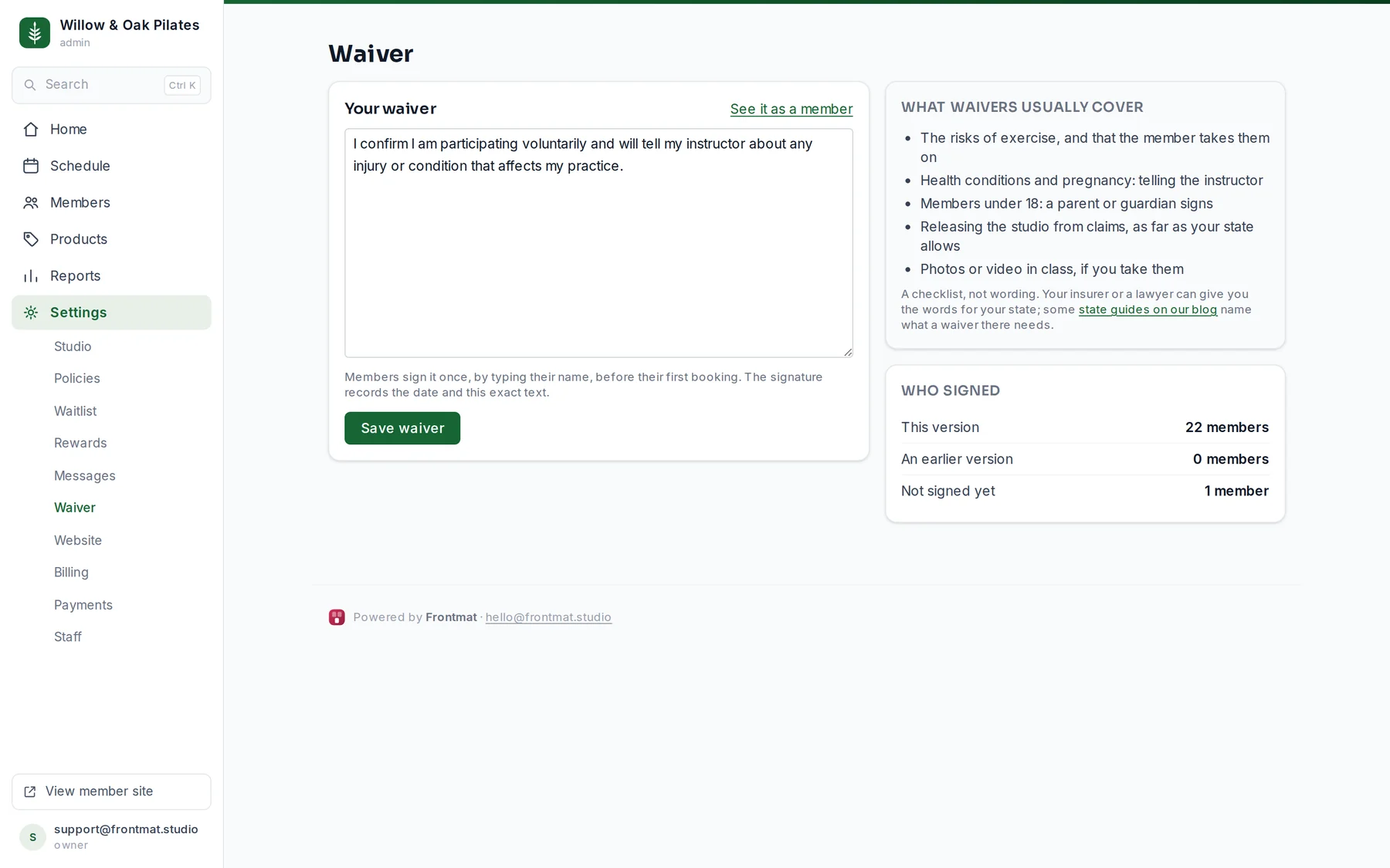 Settings › Waiver: the text box, the checklist of what waivers usually cover, and who has signed