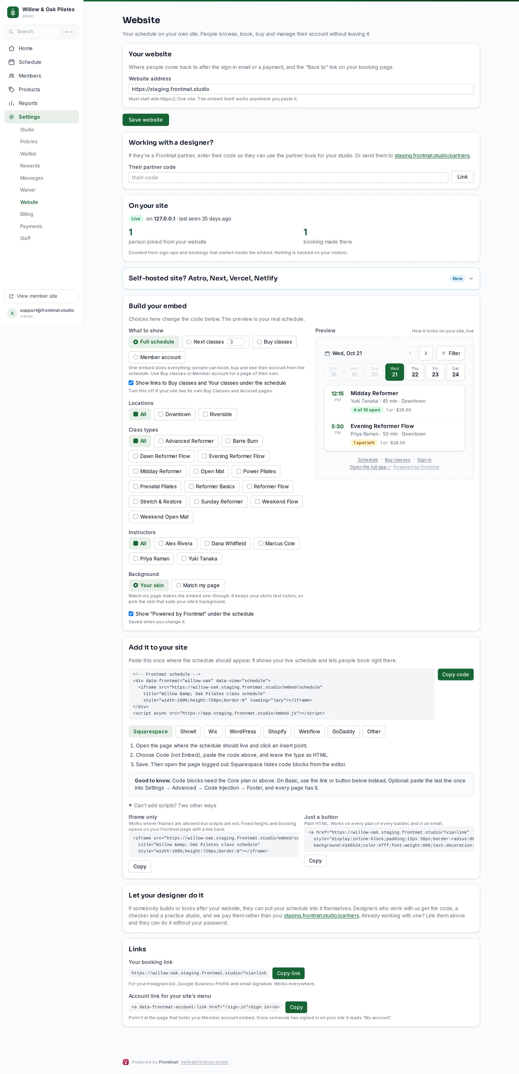 Settings › Website: the site address, the designer card, On your site, the embed builder with its live preview, and the code with per-builder steps