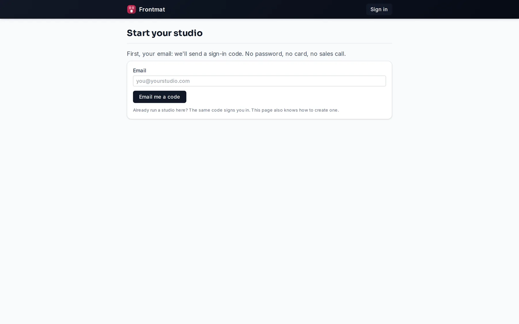 frontmat.studio/start: the email field and the button Email me a code