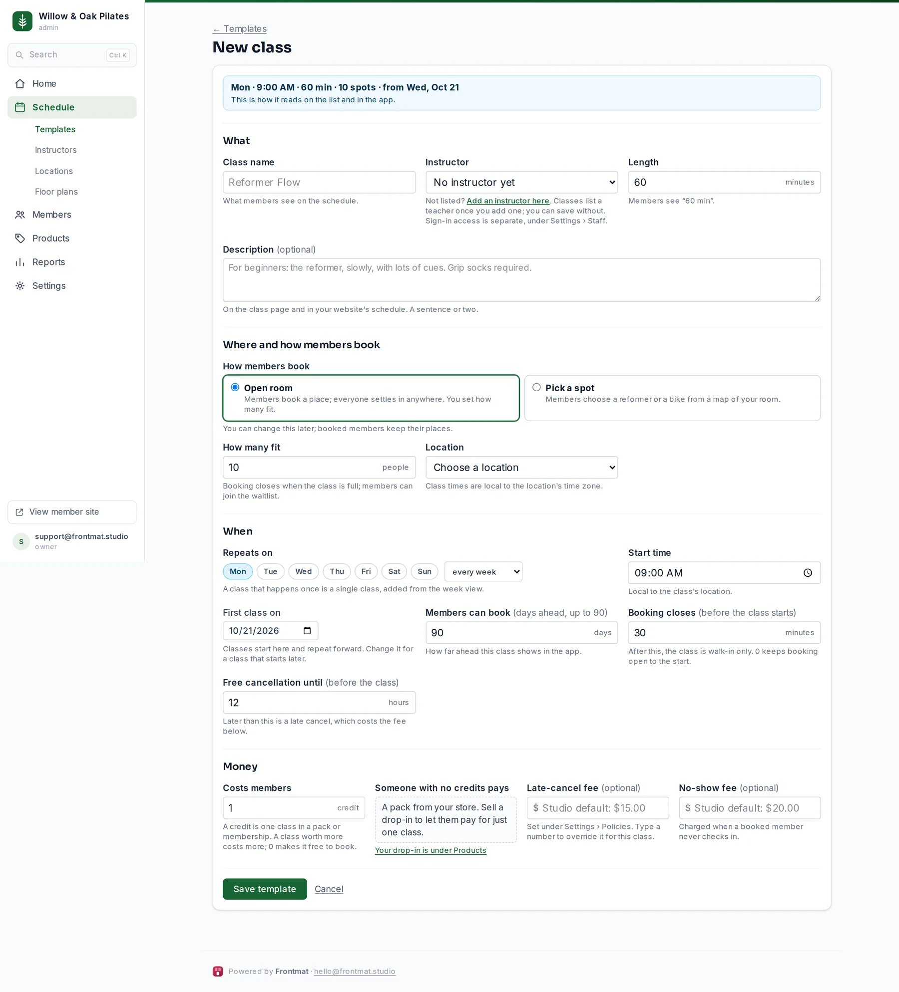 The New class form: What, Where and how members book, When, and Money