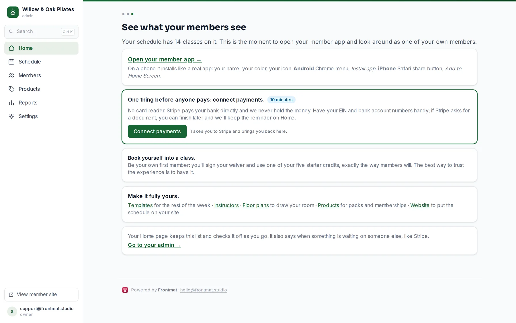 Welcome step 3, See what your members see: the member app link, Connect payments, the waiver, and the screens that make it yours
