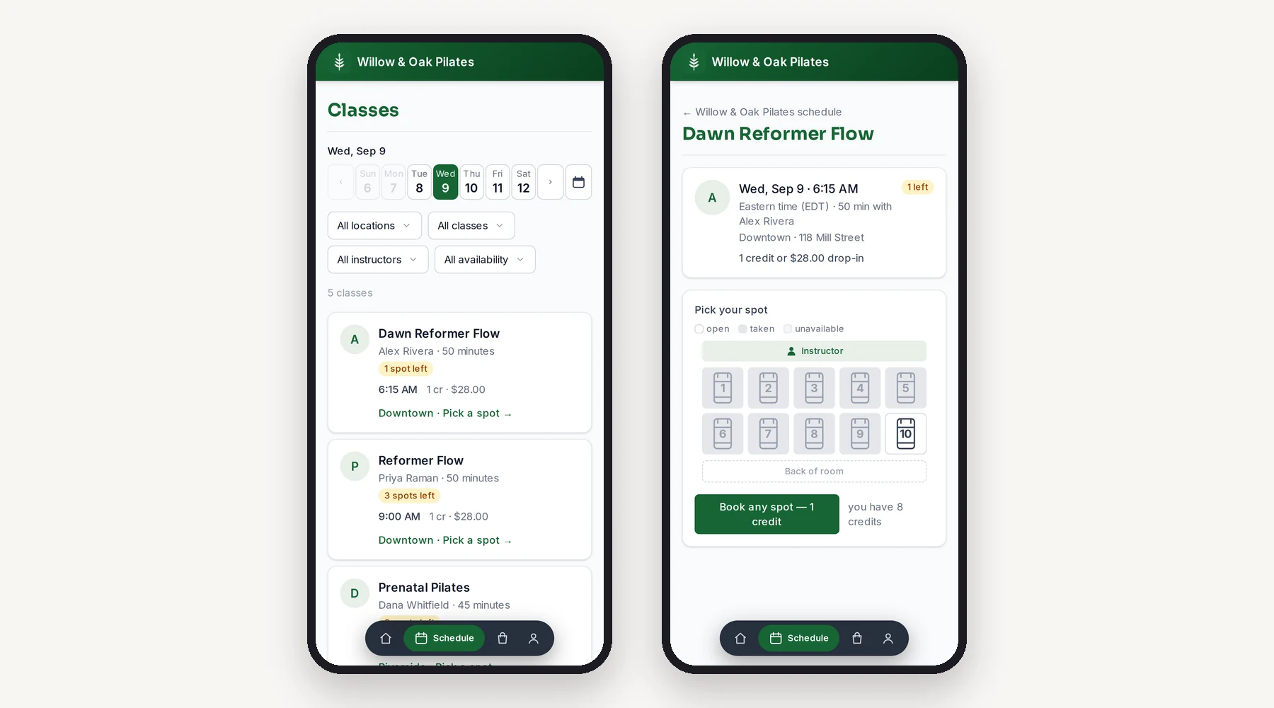 Two phone screens of the member app: tomorrow's class list with spots left on each class, and a class page with a floor plan of ten reformers where the member picks a spot and books it for one credit.