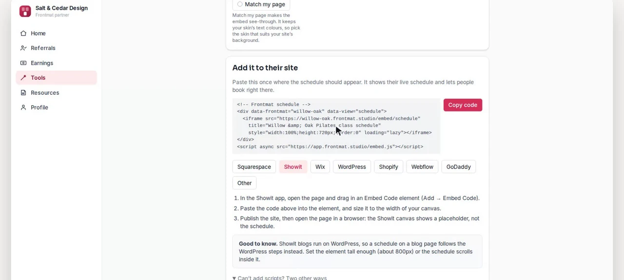 Tools: the embed code for a studio, with the Showit steps under it