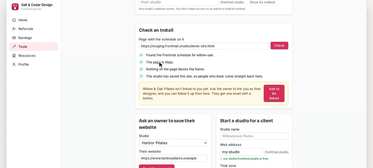 Check an install: four green lines for the demo studio’s site, and an offer to ask its owner to link you