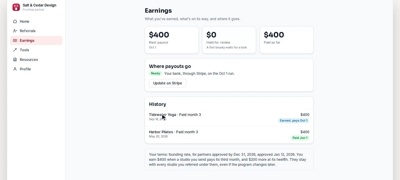 Earnings: next payout, paid so far, and the history
