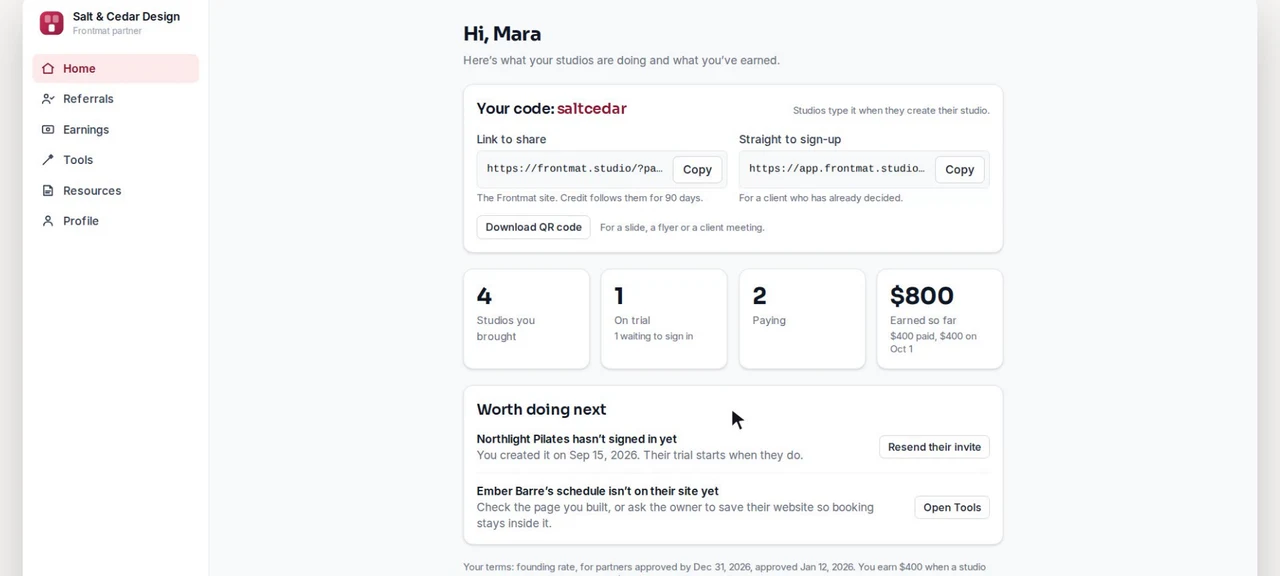 The partner portal's Home: the code, two links to share and four numbers