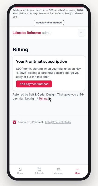 A new studio owner's Billing page on a phone: Referred by Salt & Cedar Design. That gave you a 44-day trial.